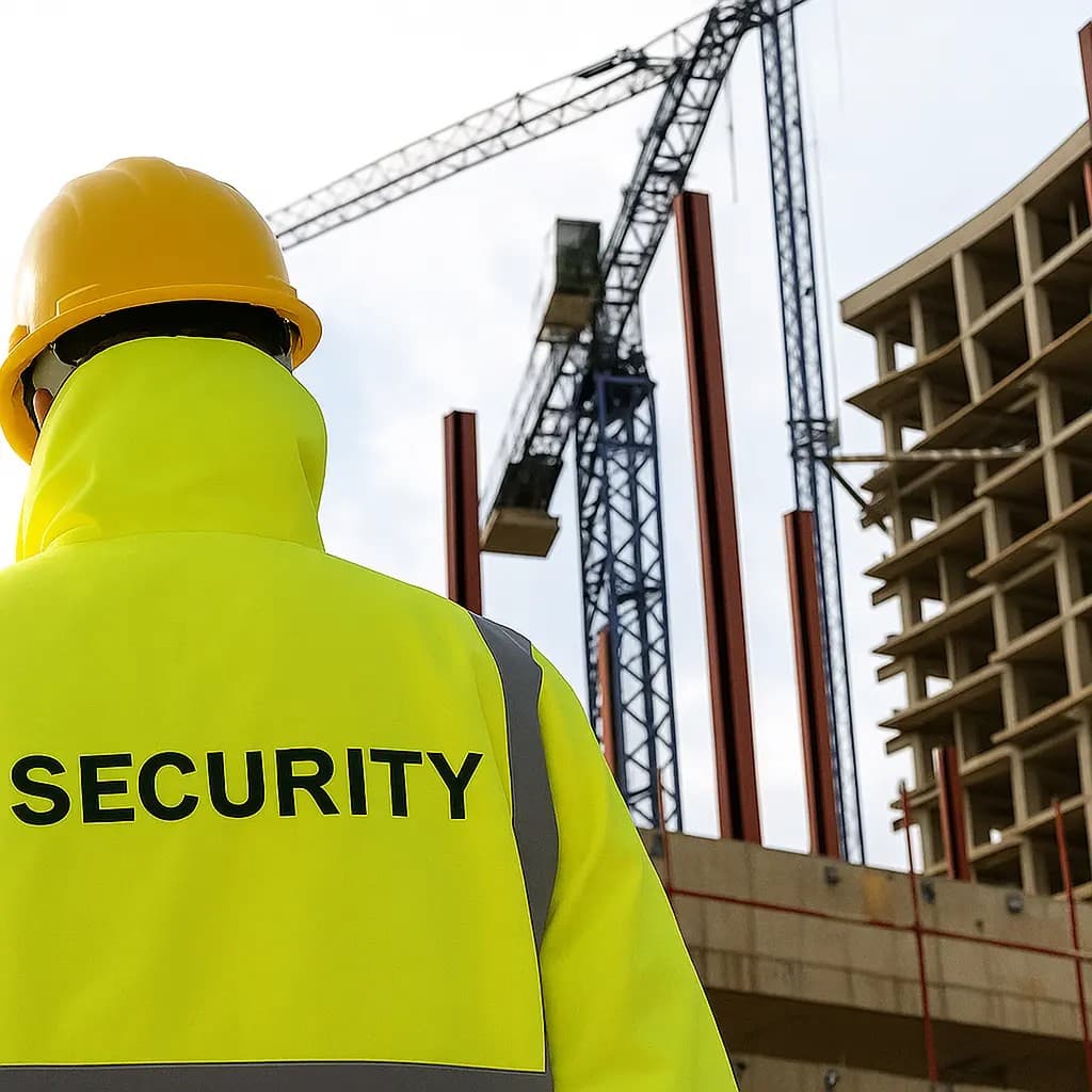 A security officer in a hard hat and high-visibility jacket, facing a crane and a building under construction